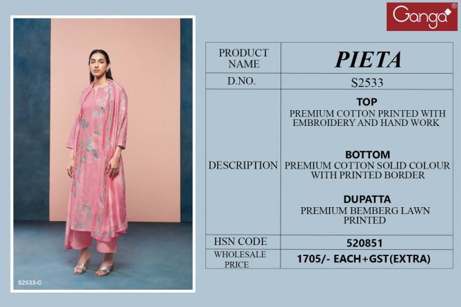 Pieta 2533 By Ganga Embroidery Premium Cotton Dress Material Wholesale Shop In Surat